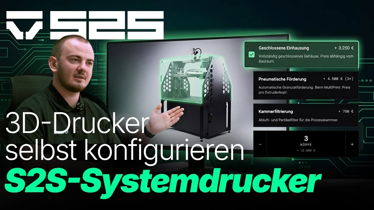 3D-Drucker Konfigurator der S2S-Systemdrucker GmbH mit Bauraum- und Ausstattungsoptionen